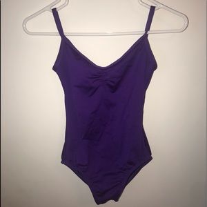 purple pinched front open back leotard